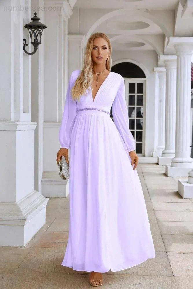 Ladies V Neck Chiffon Long Sleeve Front Slit Bridesmaid Evening Dress Wedding Party Shopping Evening Dress 28109 (ZD16991)