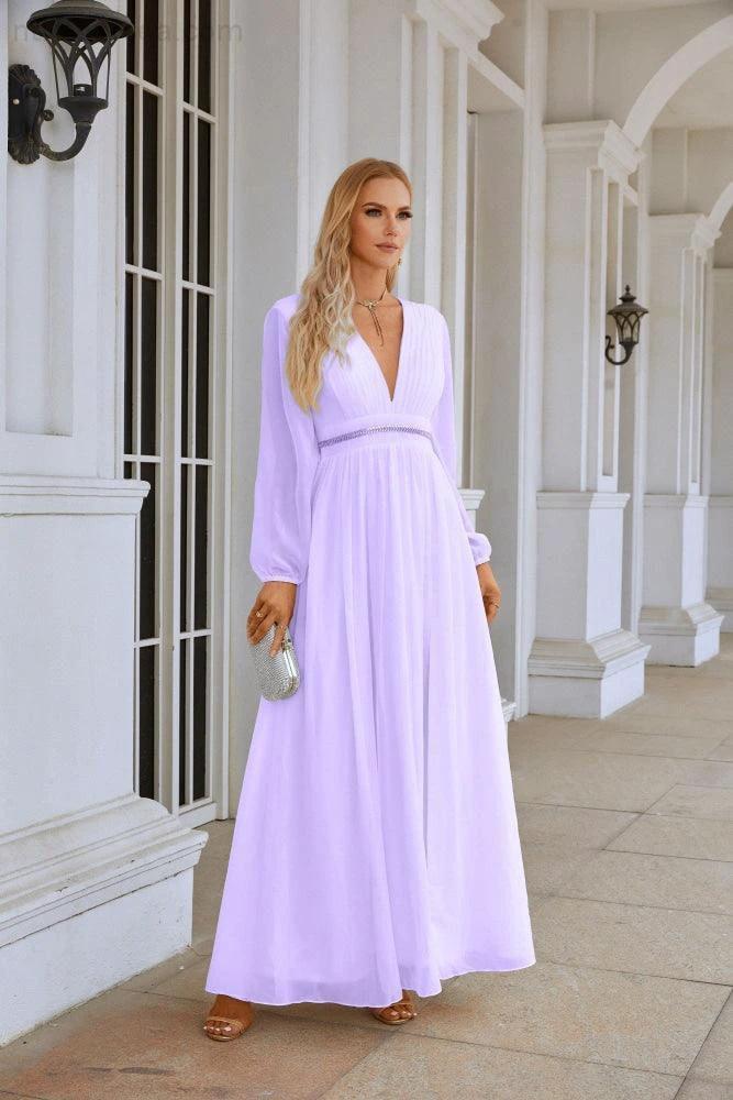 Ladies V Neck Chiffon Long Sleeve Front Slit Bridesmaid Evening Dress Wedding Party Shopping Evening Dress 28109 (ZD16991)