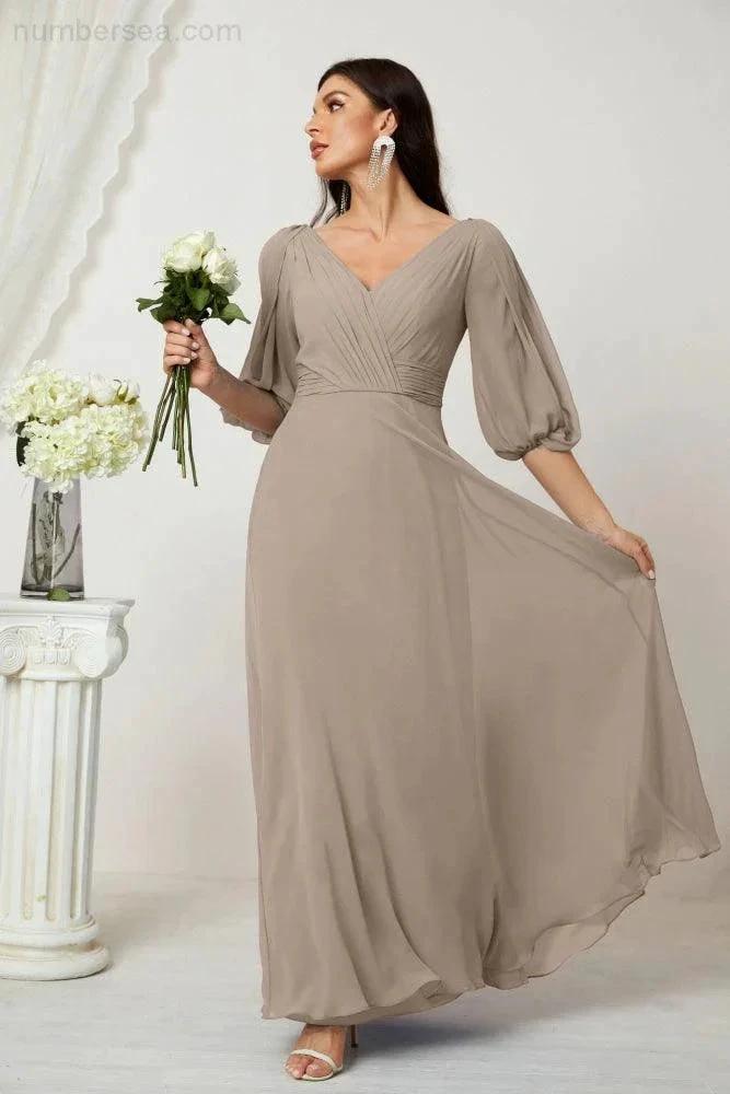 ZapDress Formal Prom Gown Women V-Neck Chiffon Bridesmaid Dresses Long Bishop Sleeve Party Dress 2807 (ZD17027)
