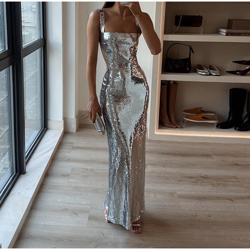 Angel Boutique Charming Sequin Sling Square Collar Backless Dress Skirt Elevated Occasion Wear