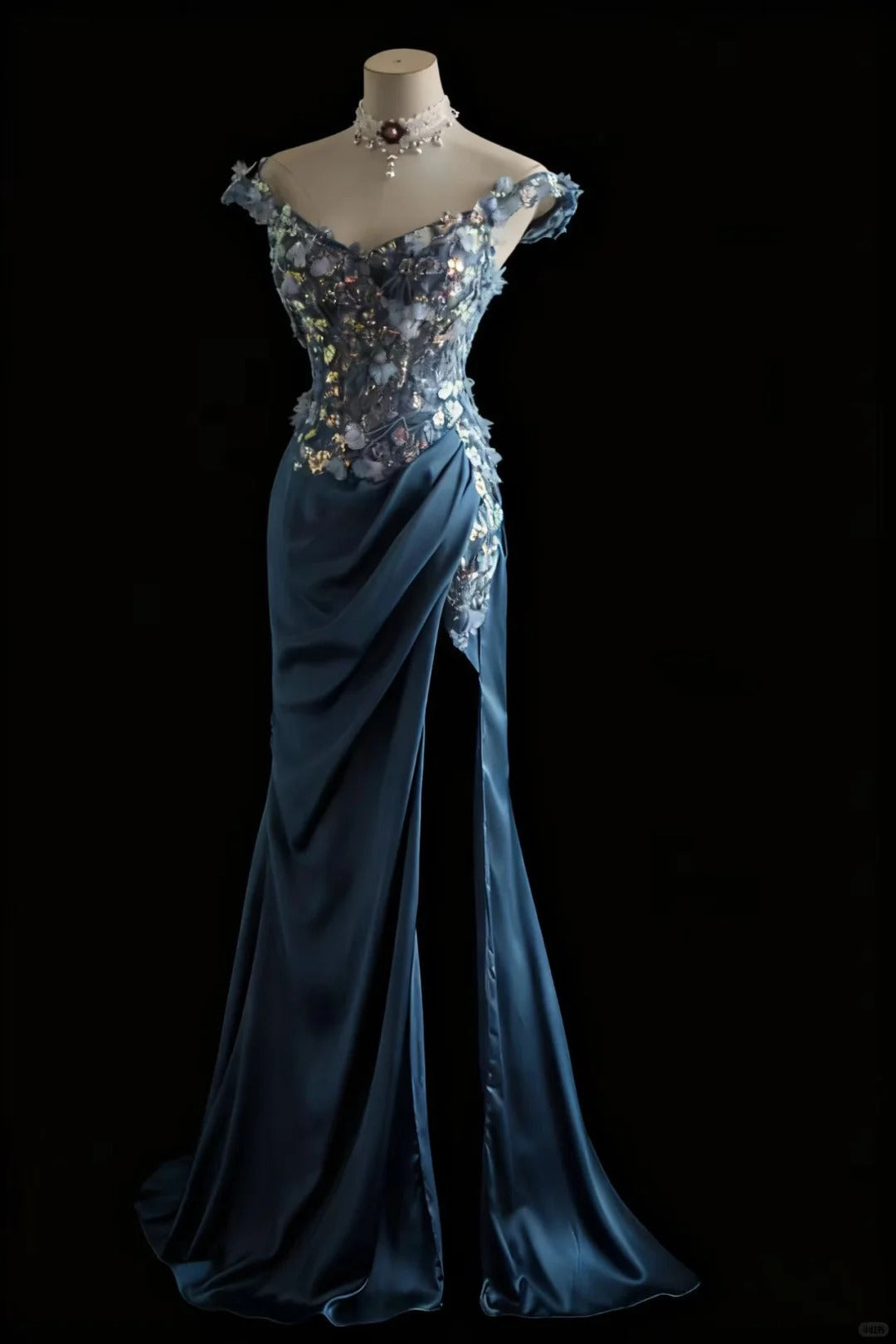 Gorgeous Blue Off-Shoulder Sequined 3D Floral Satin Long Prom Dress Evening Dress - VelvetHem