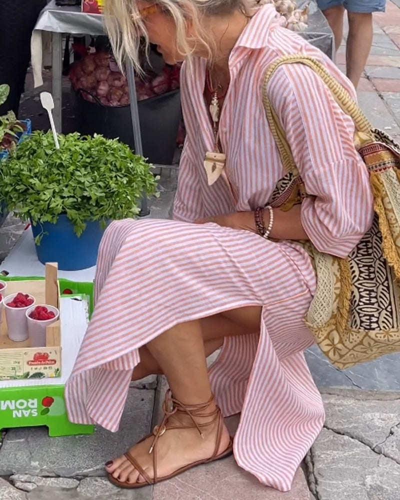 Sonia Effortless Striped Casual Dress with Cuffs and Slits Boutique Collection