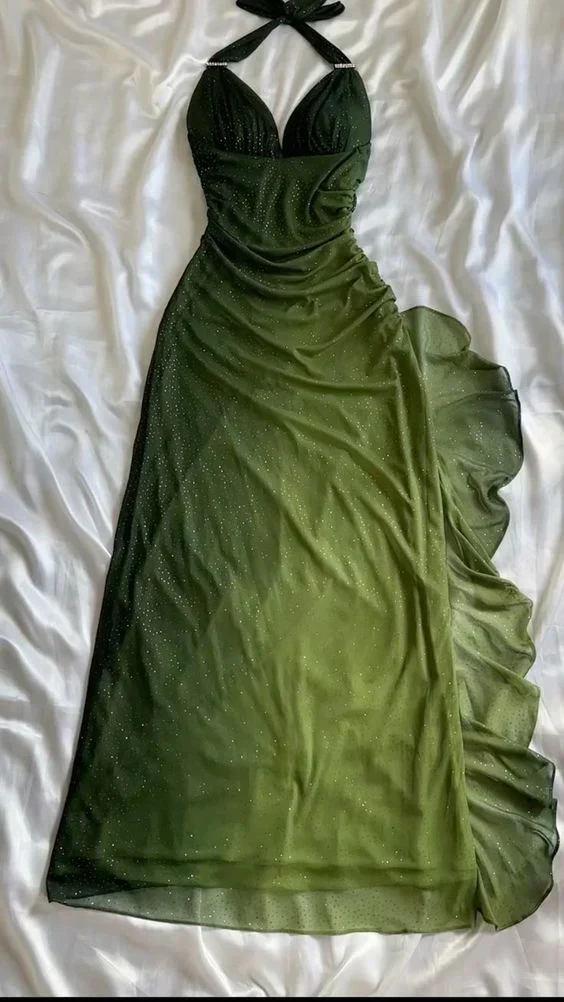 Charming Halter Ombre Green Chiffon Long Prom Dress Party Evening Gown - VelvetHem