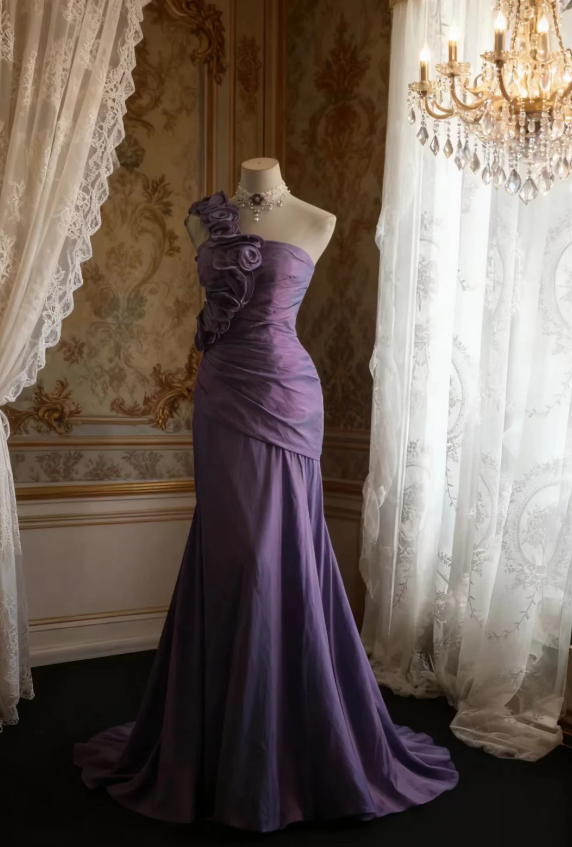 Retro Elegant Purple 3D Floral One-Shoulder Mermaid Satin Long Prom Dress Evening Dress - VelvetHem