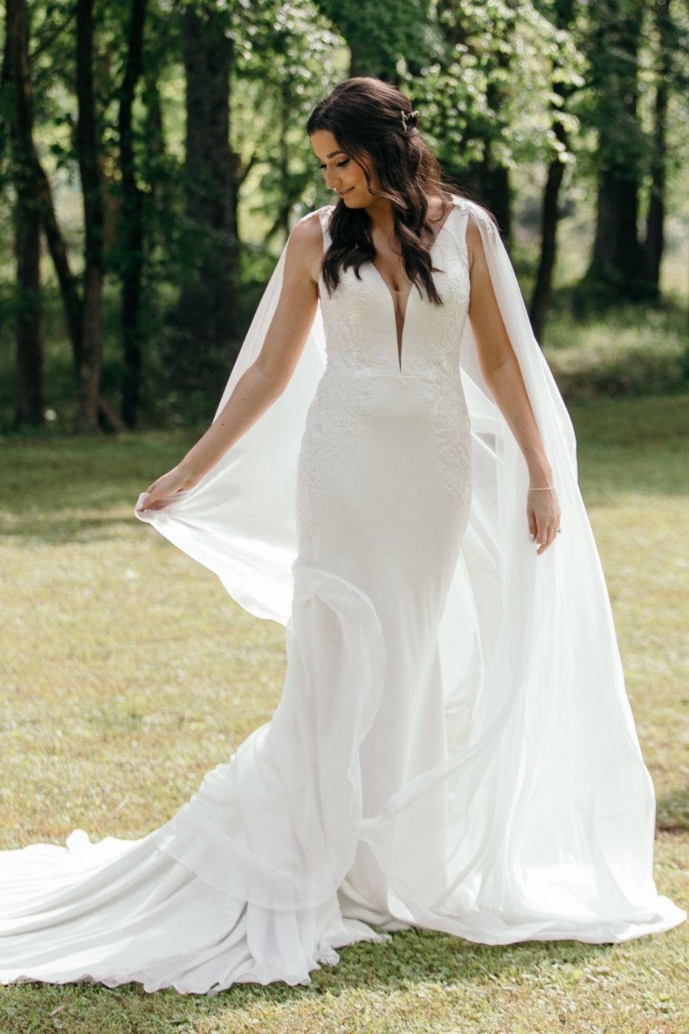 Classic Mermaid Deep V Neck White Long Wedding Dress with Cape - VelvetHem