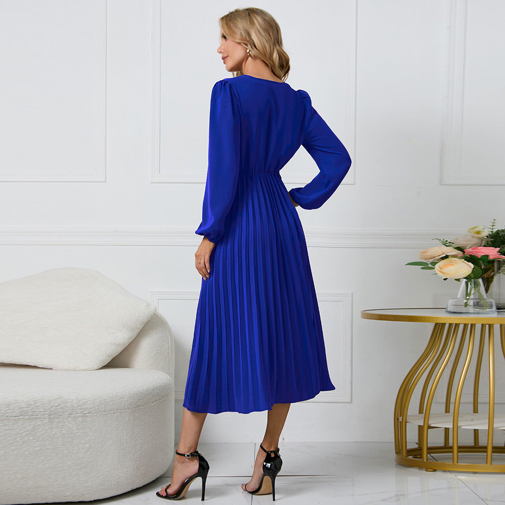 Guillermina Minimalist Pleated Midi Dress with a Crossover V Neck Designer Edit