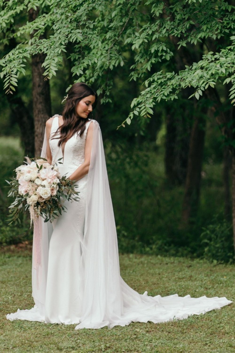 Classic Mermaid Deep V Neck White Long Wedding Dress with Cape - View 2 | VelvetHem