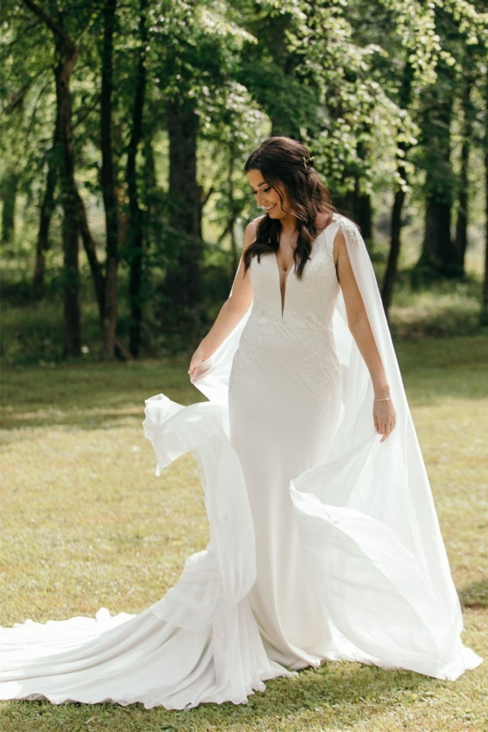 Classic Mermaid Deep V Neck White Long Wedding Dress with Cape - View 3 | VelvetHem