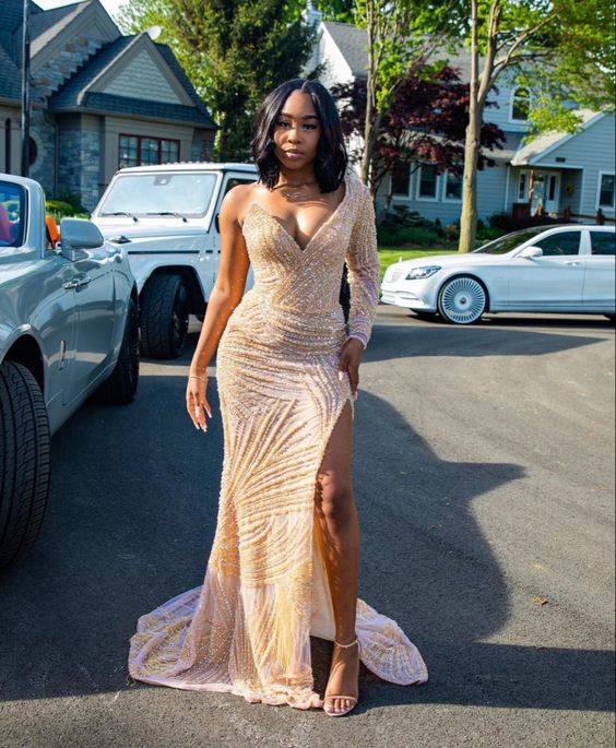 Luxurious Handmade One Sleeve Sheath Prom Dress,Glam Dress - VelvetHem