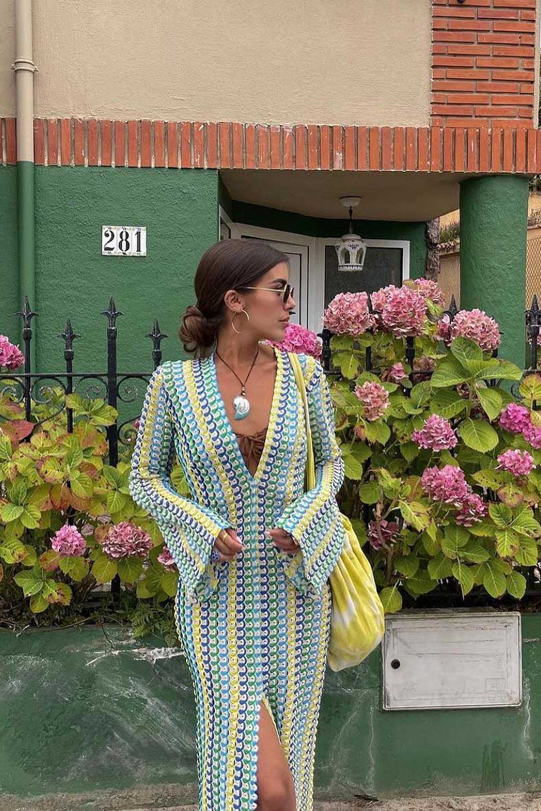 Pilar Chic Boho V Neck Bell Sleeve Maxi Dress, Wavy Striped Crochet Beach Holiday Dress Evening Wear Edit