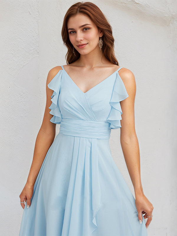Sky Blue Chiffon A Line V Neck Sleeveless Asymmetrical Bridesmaid Dress