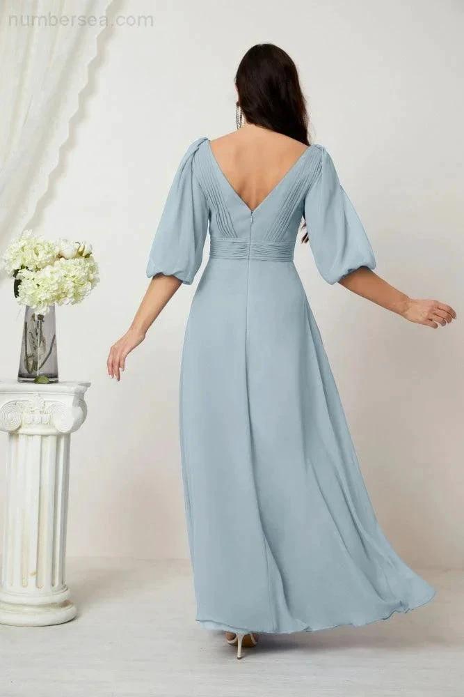 ZapDress Formal Prom Gown Women V-Neck Chiffon Bridesmaid Dresses Long Bishop Sleeve Party Dress 2807 (ZD17027)