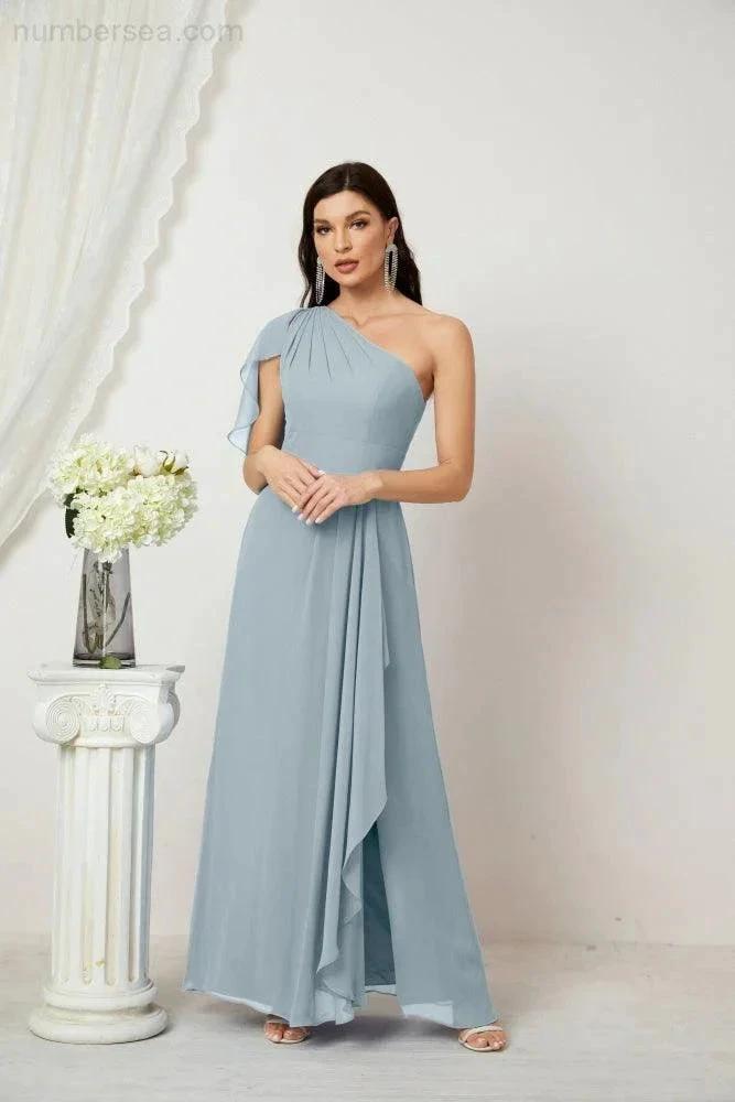 ZapDress Chiffon Ruffled One Shoulder Long Bridesmaid Dresses A-line Formal Evening Gown Side Split 2809 (ZD17049)