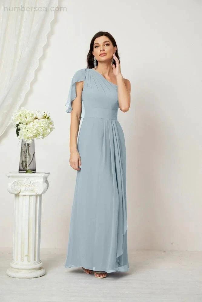 ZapDress Chiffon Ruffled One Shoulder Long Bridesmaid Dresses A-line Formal Evening Gown Side Split 2809 (ZD17049)
