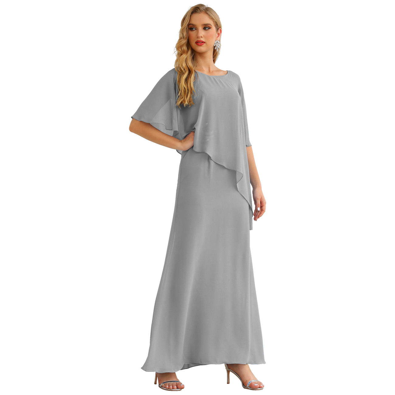 Sunnderly Chiffon Plus Size Mother of The Bride Dresses Formal Prom Gown Ruffle Cape