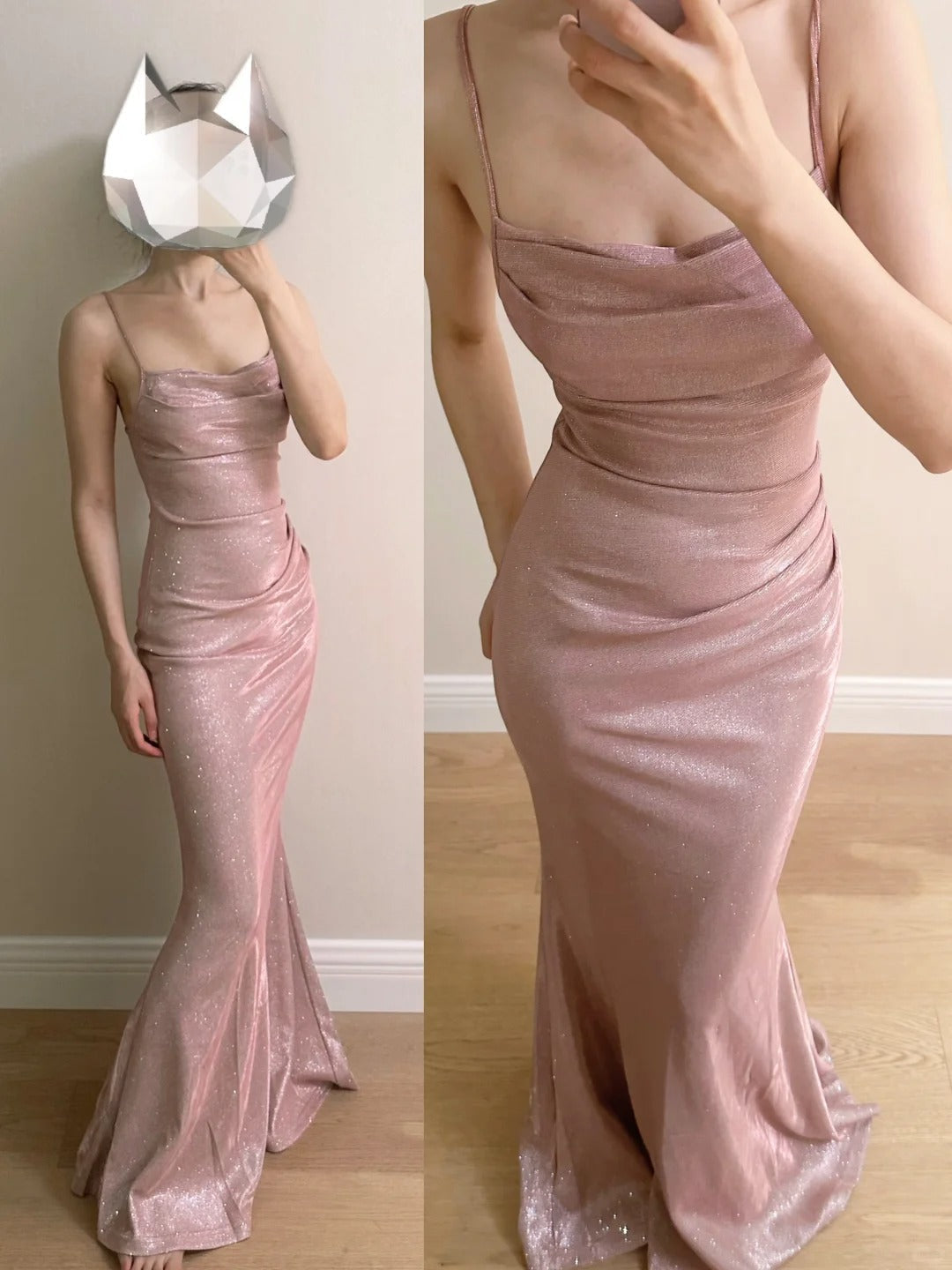 Elegant Pink Mermaid Spaghetti Strap Glittery Long Prom Dress Evening Dress Bridesmaid Dress - VelvetHem
