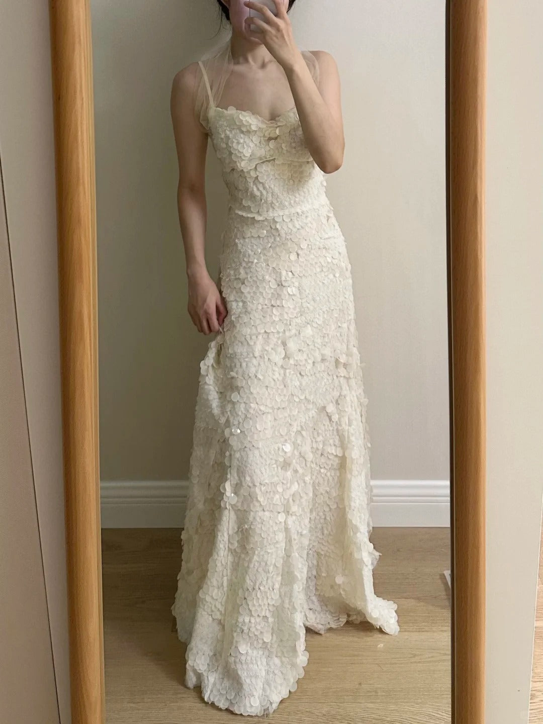 Chic Ivory Fitted Spaghetti Strap Sequined Long Prom Dress Evening Dress Bridesmaid Dress - VelvetHem