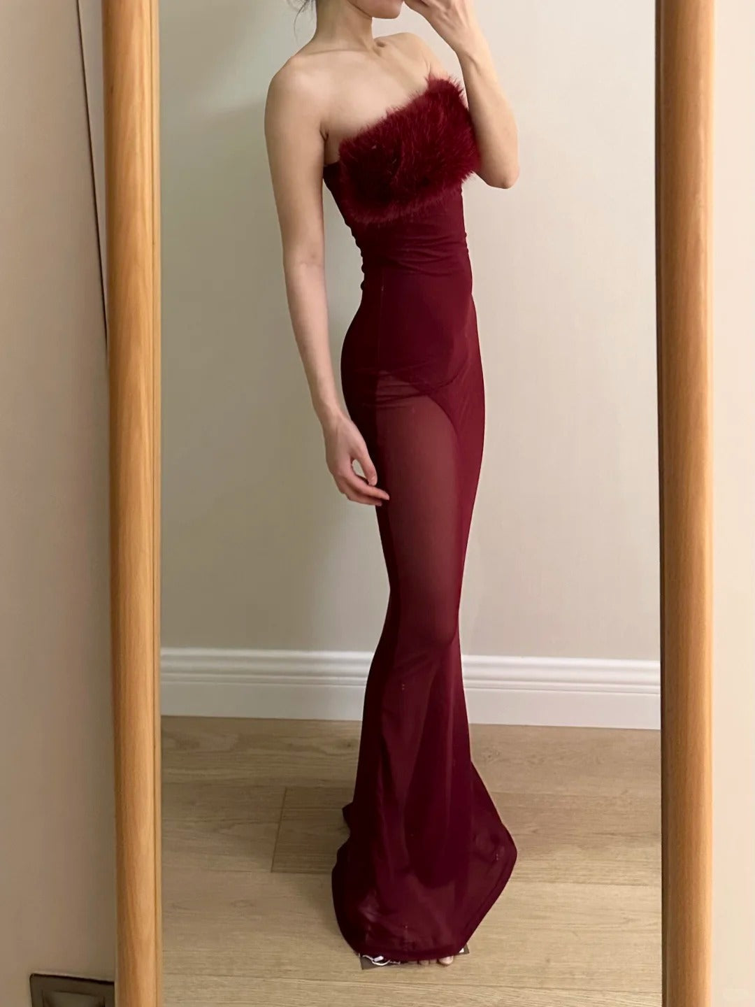 Sexy Burgundy Mermaid Strapless Mesh Long Prom Dress Evening Dress - VelvetHem