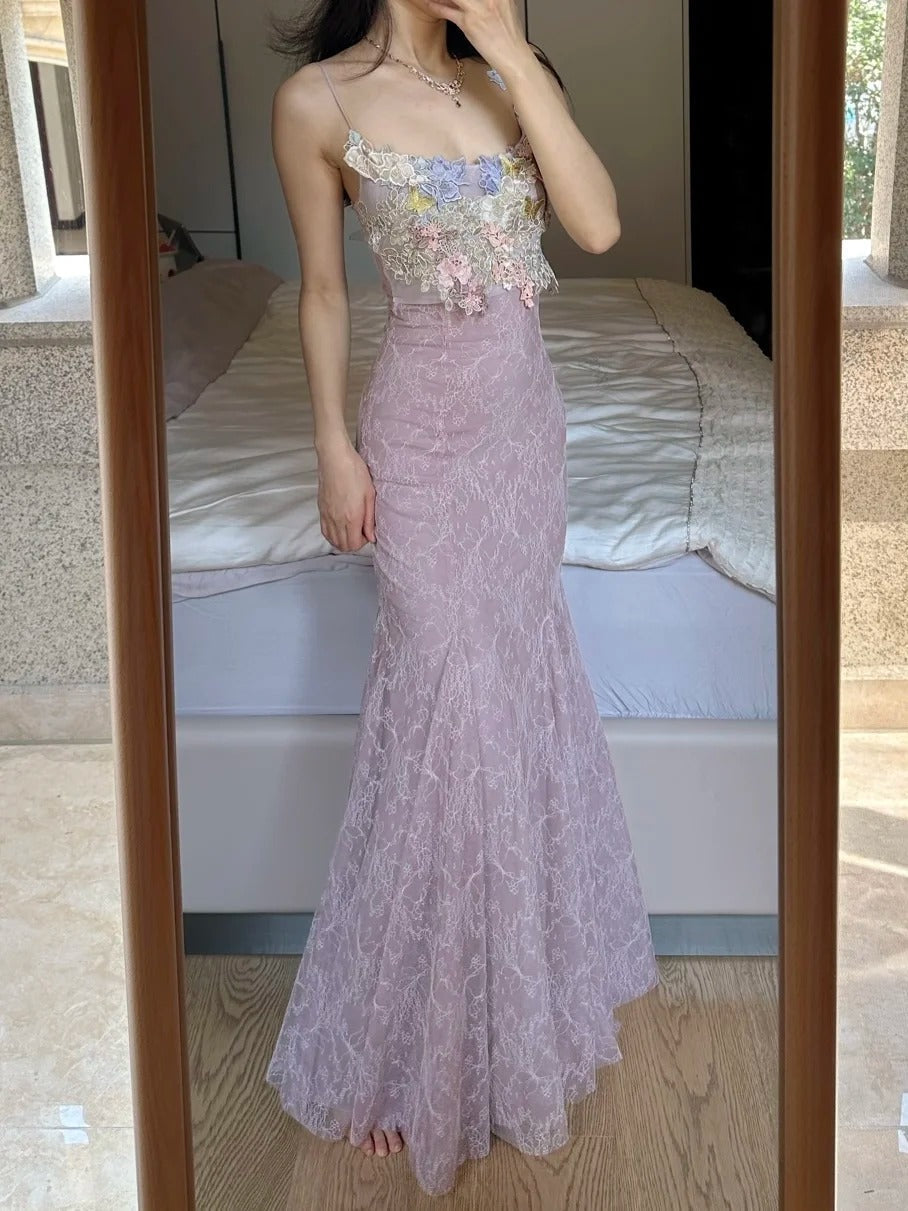 Elegant Light Purple Mermaid Square Neck 3D Floral Lace Long Prom Dress Evening Dress - VelvetHem