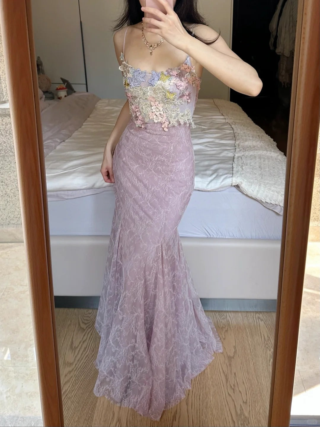 Elegant Light Purple Mermaid Square Neck 3D Floral Lace Long Prom Dress Evening Dress - View 2 | VelvetHem