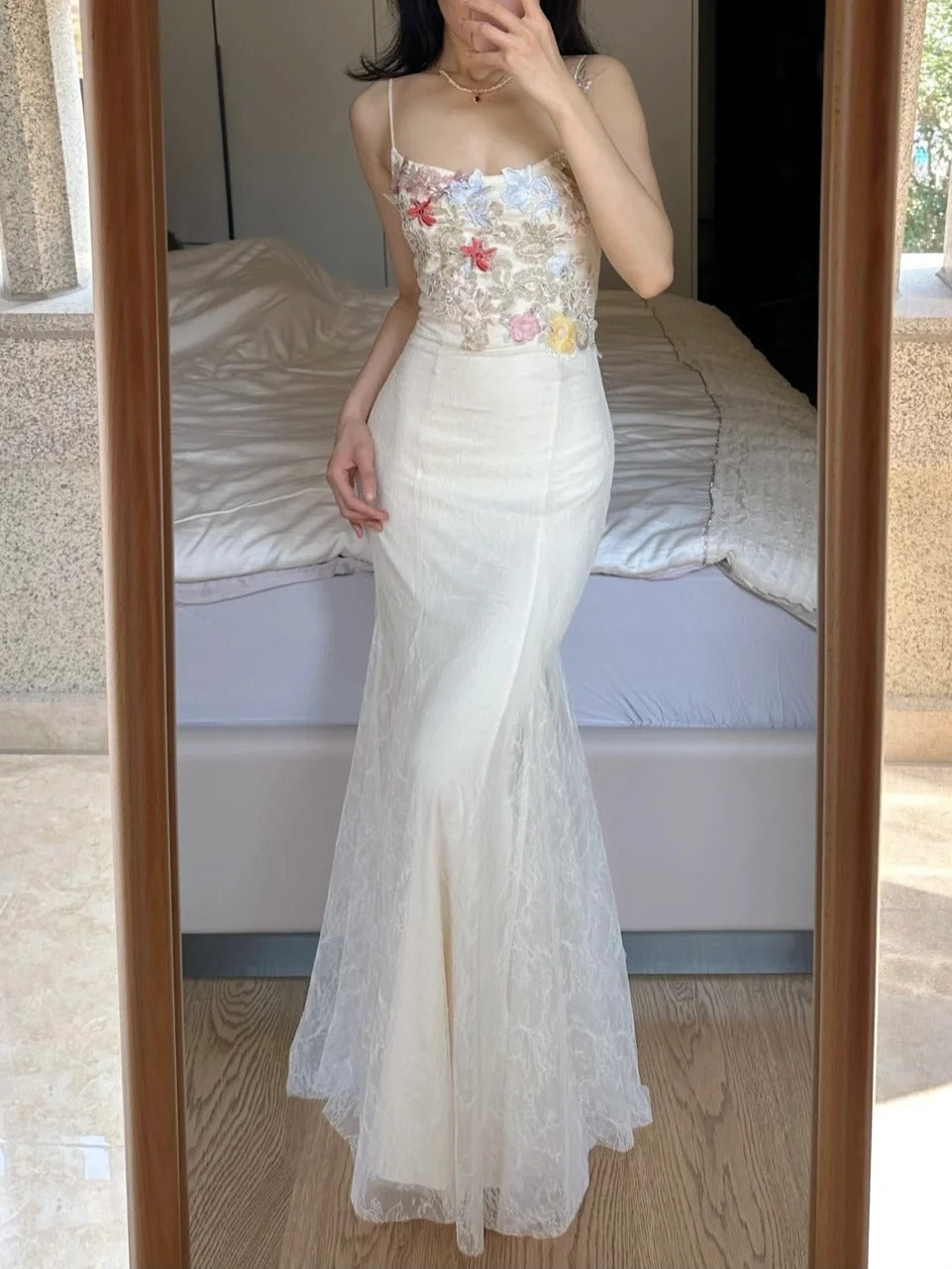 Elegant Light Purple Mermaid Square Neck 3D Floral Lace Long Prom Dress Evening Dress - View 4 | VelvetHem