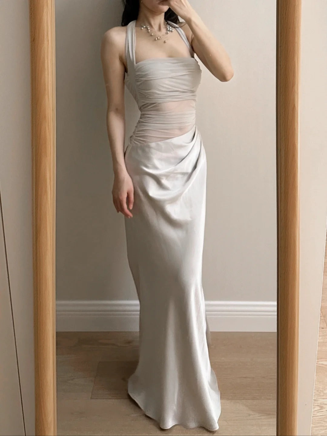 Elegant Grey Mermaid Halter Neck Square Neck Satin Tulle Long Prom Dress Evening Dress - VelvetHem