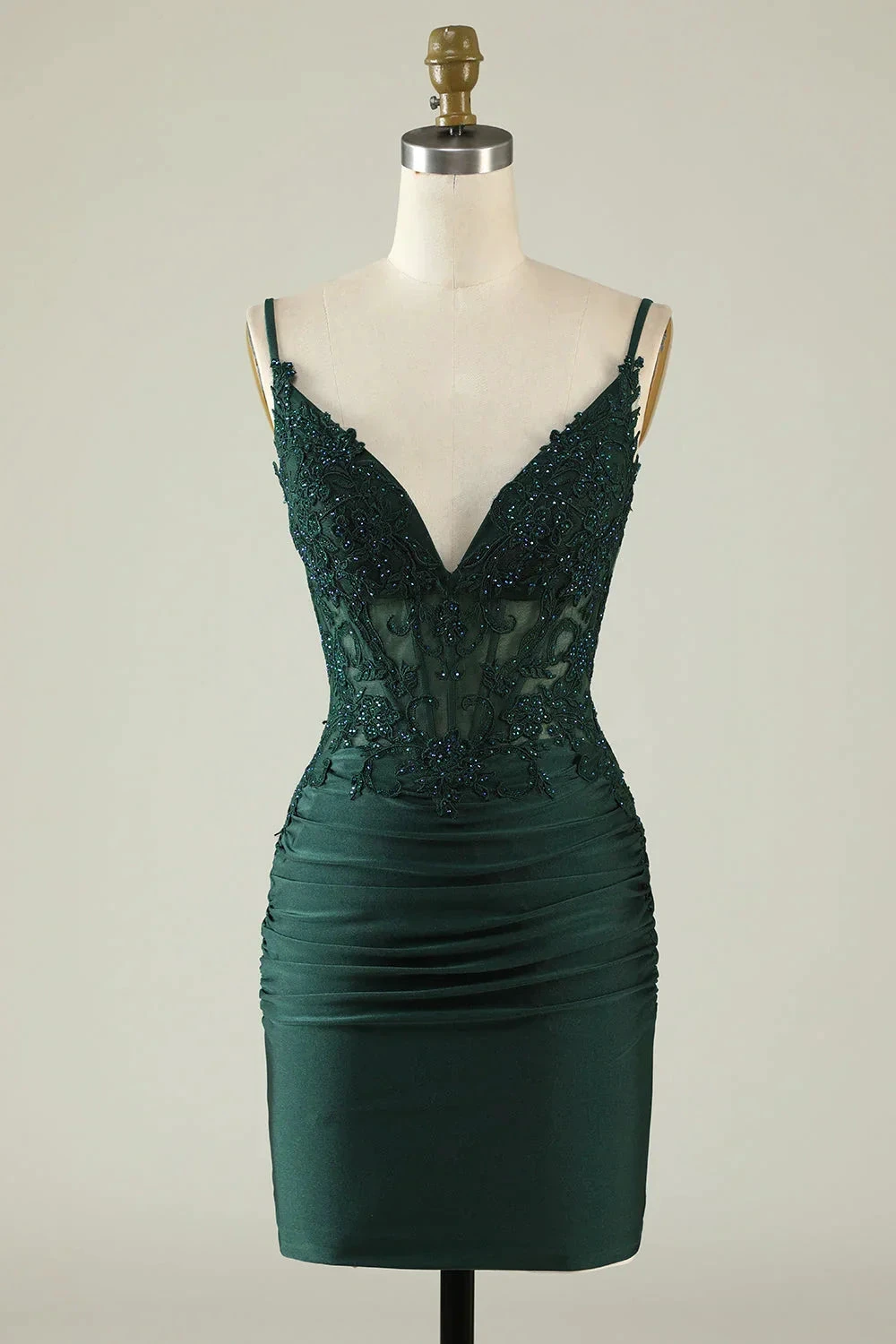 Tight V-Neck Dark Green Pleated Homecoming Dress with Appliques (ZD11962) - VelvetHem