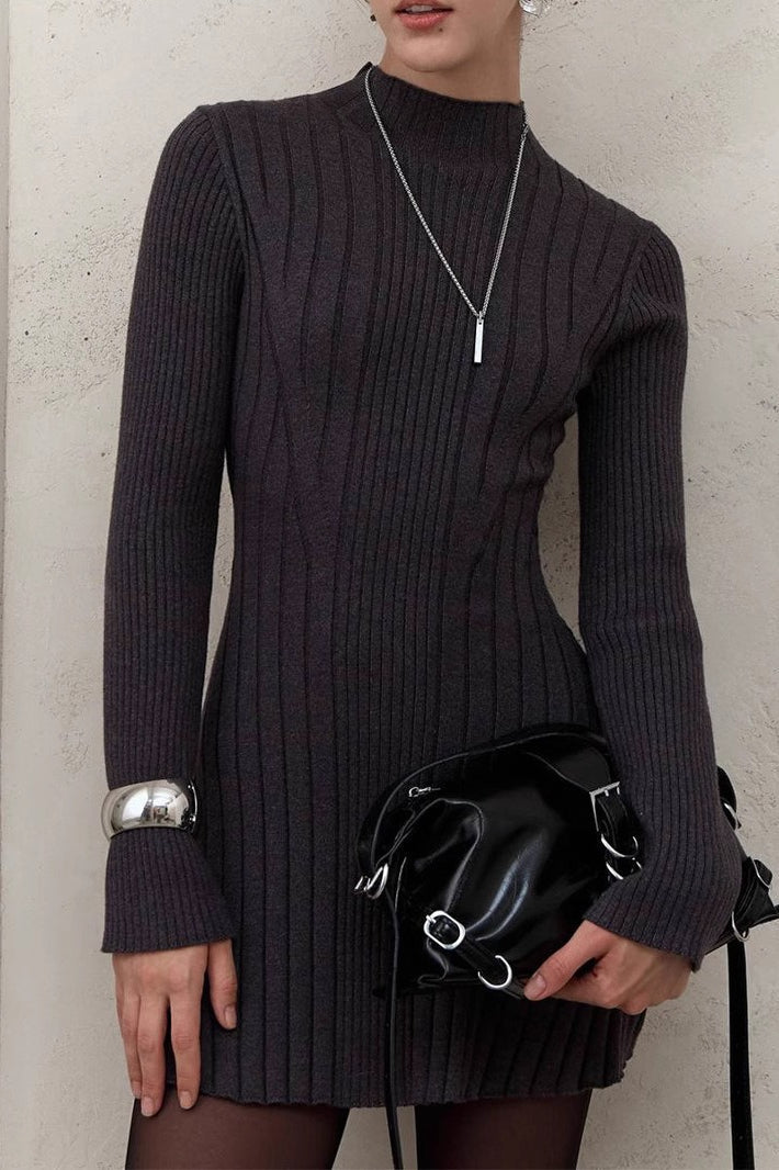 Elegant Playful Mock Neck Long Sleeve A-Line Mini Knit Sweater Dress - View 3 | VelvetHem