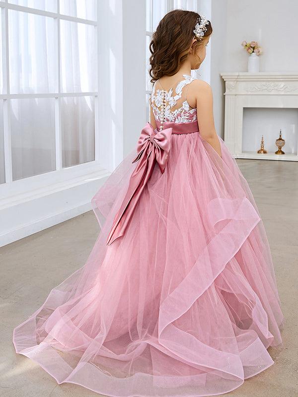 Princess Sleeveless Tulle Flower Girl Dress with Lace and Bow Pink (010224320) - VelvetHem