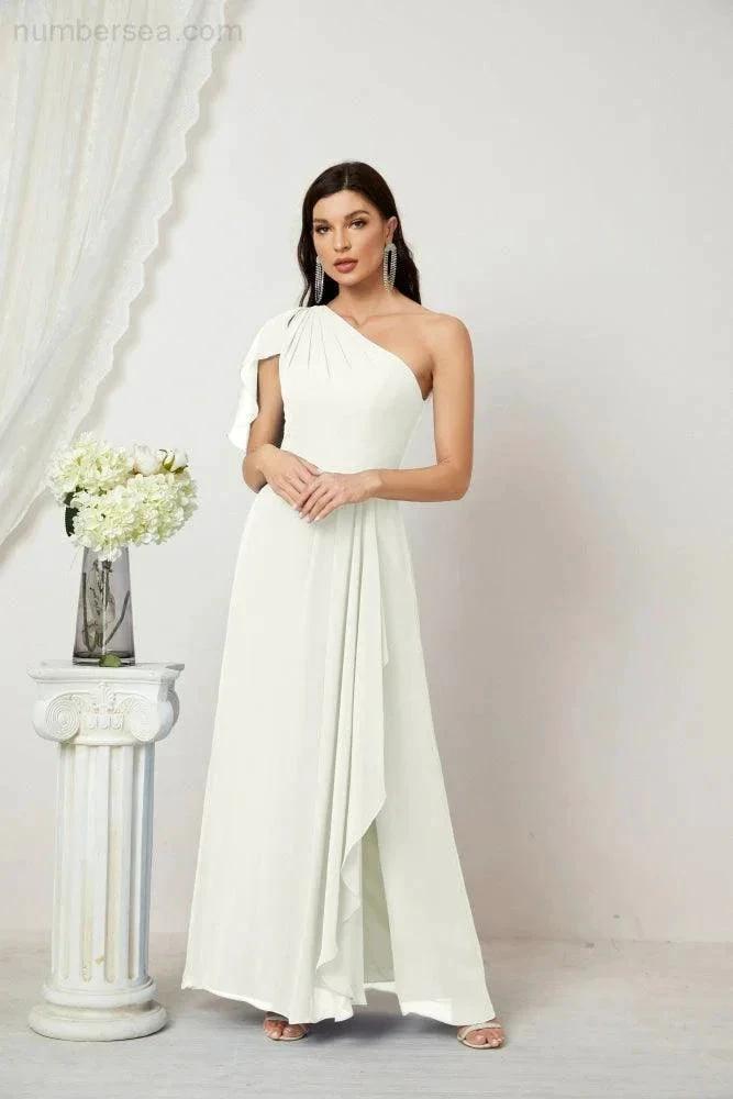 ZapDress Chiffon Ruffled One Shoulder Long Bridesmaid Dresses A-line Formal Evening Gown Side Split 2809 (ZD17049)