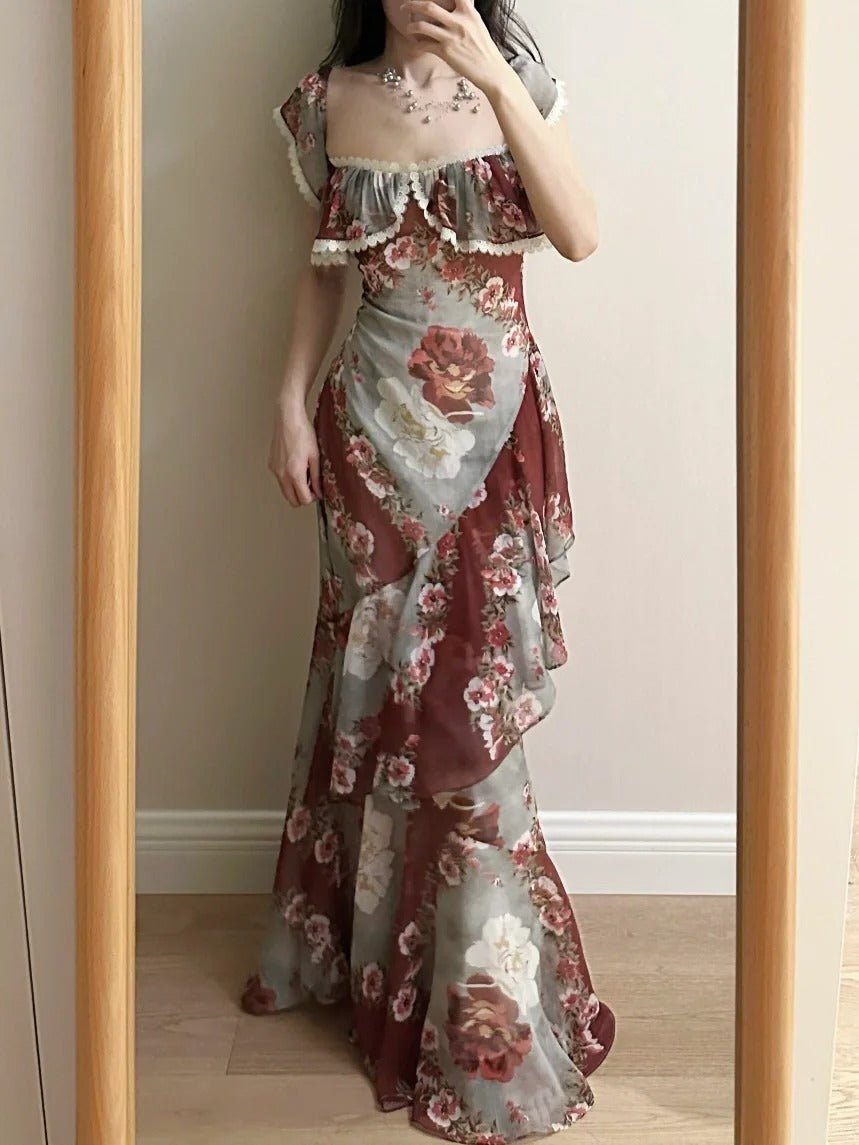Retro Mermaid Print Ruffled Chiffon Long Prom Dress Evening Dress - VelvetHem