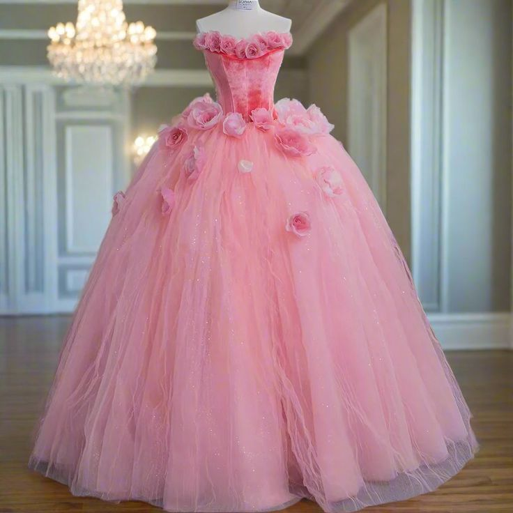 Pink Princess Ball Gown Sweet 16 Dress Fairy 3D Flowers Tulle Prom Dress Quinceanera Dress - VelvetHem