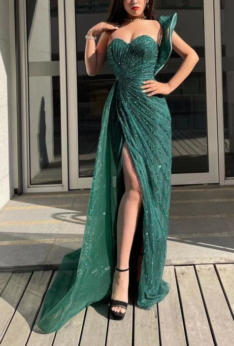 Emerald Green Sweetheart One-Shoulder Sequins Beading Evening Dress Mermaid Prom Dress With Split - VelvetHem