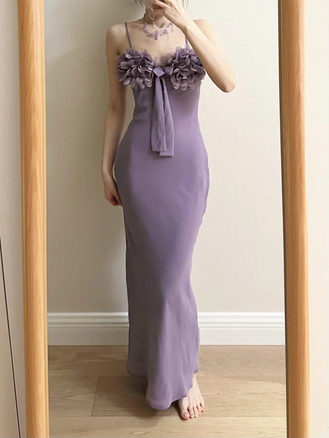 Elegant Purple Mermaid 3D Flower Bow Thin Strap Satin Long Prom Dress Evening Dress Bridesmaid Dress - VelvetHem