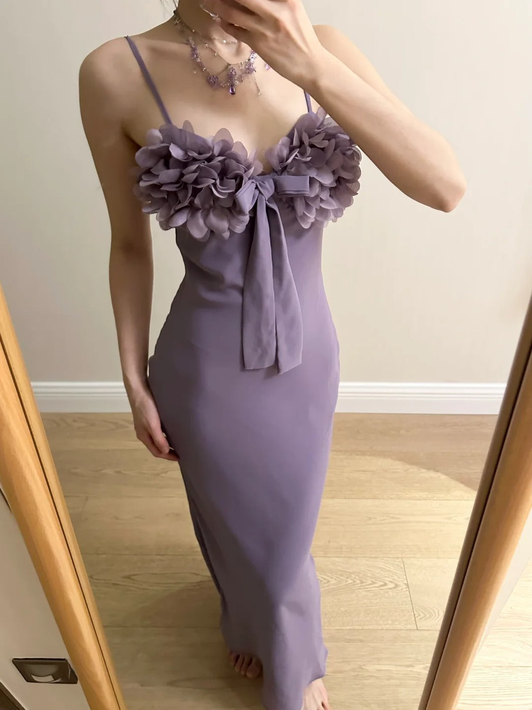 Elegant Purple Mermaid 3D Flower Bow Thin Strap Satin Long Prom Dress Evening Dress Bridesmaid Dress
