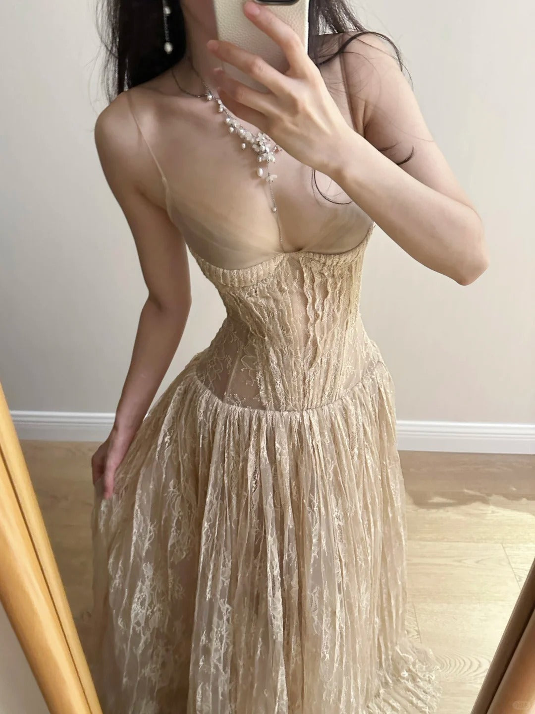 Elegant Nude Apricot A-line Deep V Halter Lace Long Prom Dress Evening Dress Bridesmaid Dress - VelvetHem