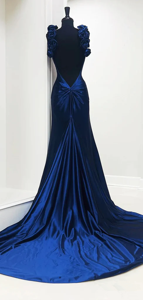 Elegant Deep V Navy Blue Mermaid Long Party Dress Evening Dress - View 2 | VelvetHem