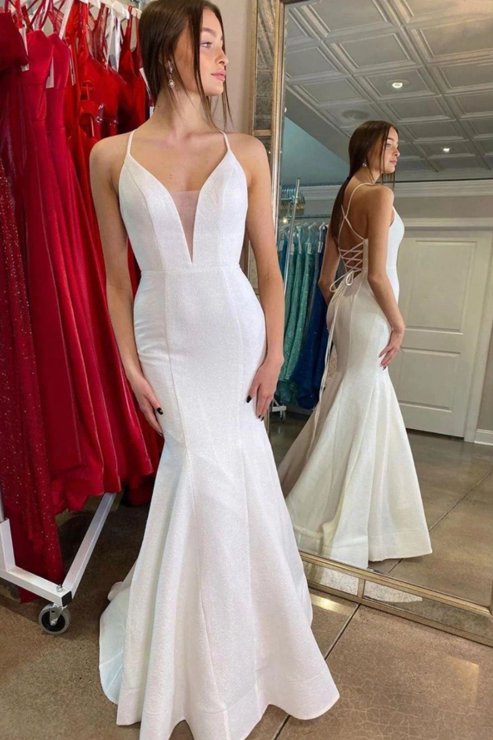 Mermaid Deep V Neck White Bridal Dress with Criss Cross Back - View 2 | VelvetHem
