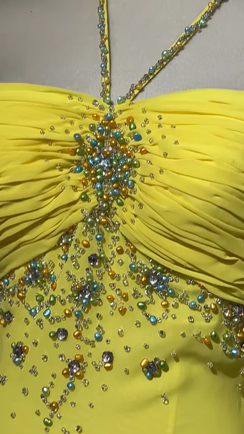 Stunning Yellow Halter Neck Sheath Chiffon Beaded Hi-Lo Prom Dresses Elegant Wedding Guest Dresses - View 3 | VelvetHem