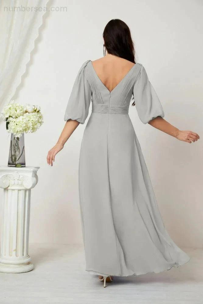 ZapDress Formal Prom Gown Women V-Neck Chiffon Bridesmaid Dresses Long Bishop Sleeve Party Dress 2807 (ZD17027)