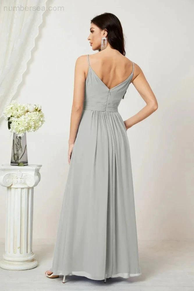ZapDress Chiffon V-Neck Bridesmaid Dress Spaghetti Strap Long Formal Party Prom Gowns with Slit 28010 (ZD17028)