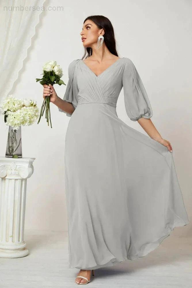 ZapDress Formal Prom Gown Women V-Neck Chiffon Bridesmaid Dresses Long Bishop Sleeve Party Dress 2807 (ZD17027)