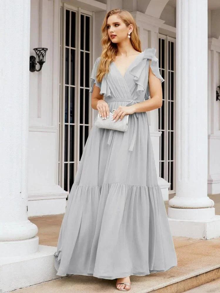Numbersea Women's Open Back Formal Evening Party Prom Gowns V-Neck Long Chiffon Bridesmaid Dresses with Waist Belt 28038 by numbersea