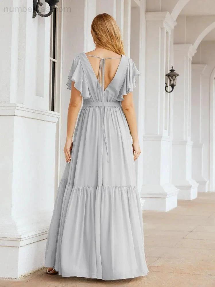 ZapDress Women's Open Back Formal Evening Party Prom Gowns V-Neck Long Chiffon Bridesmaid Dresses with Waist Belt 28038 (ZD17000)