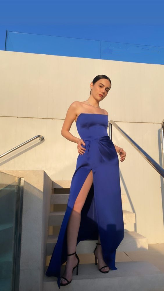 Sexy Strapless Royal Blue Prom Dress Slit Party Evening Dress - View 3 | VelvetHem
