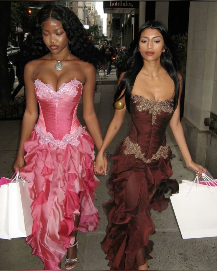 Vintage Hot Pink Lace Chiffon Ruffles Evening Dress Strapless Prom Dress