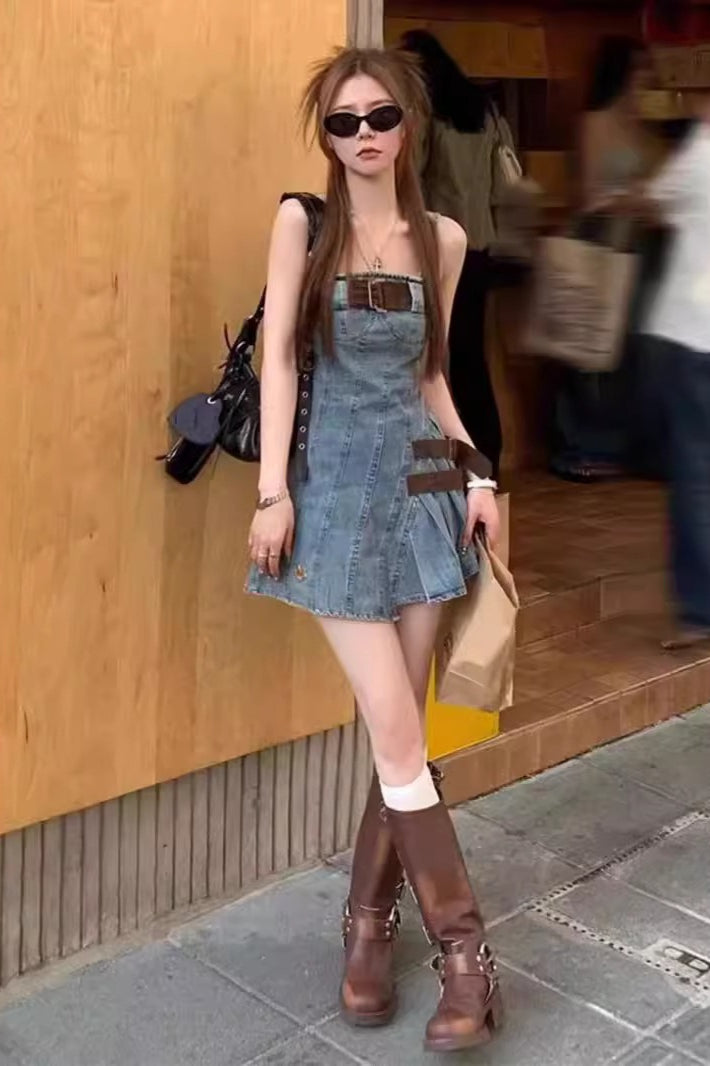 High Waist Denim Dress - VelvetHem