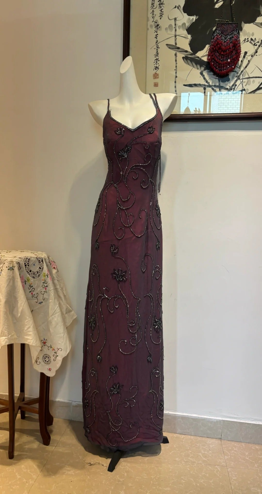 Elegant Vintage Burgundy Beaded Floral Crossover Backless Satin Long Prom Dress Evening Dress - VelvetHem