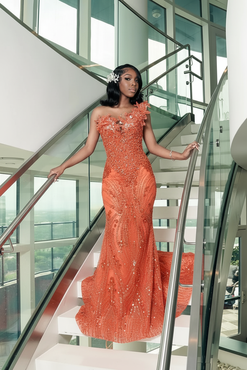 One shoulder Dark green Mermaid Sparkle Floor length Prom Dresses (ZD17396)