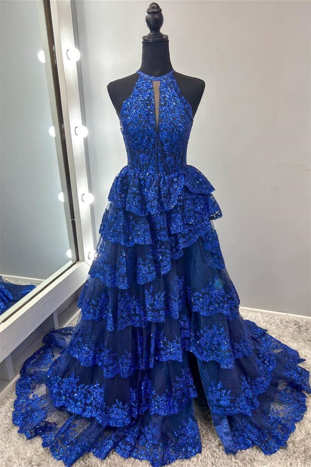 Gorgeous A Line Halter Neck Royal Blue Corset Prom Dress with Lace Ruffles - VelvetHem